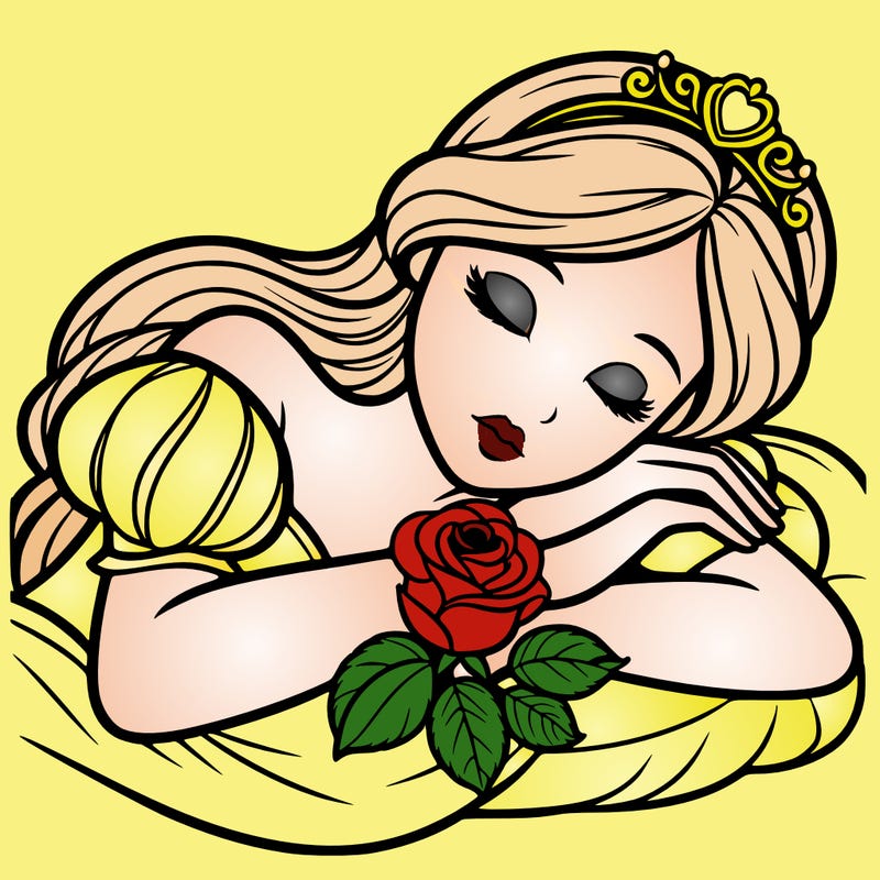 a fairytale princess sleeping with her hands crossed on her chest and a rose on her chest realistic