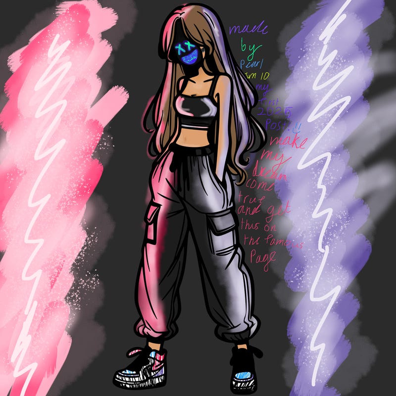 girl in baggy pants crop top and long hair