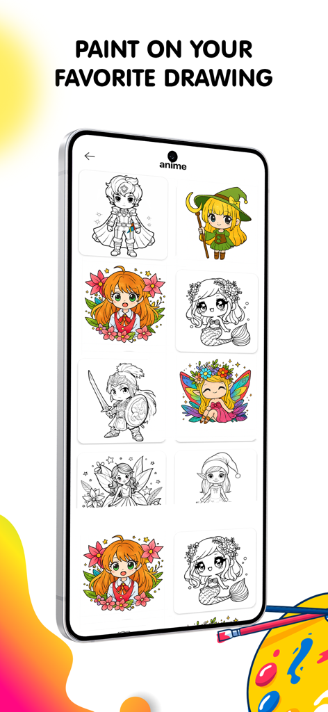 Pop Color: Painting & Coloring - Uma tela de celular mostrando uma galeria de desenhos de personagens de anime para colorir no aplicativo Pop Color.