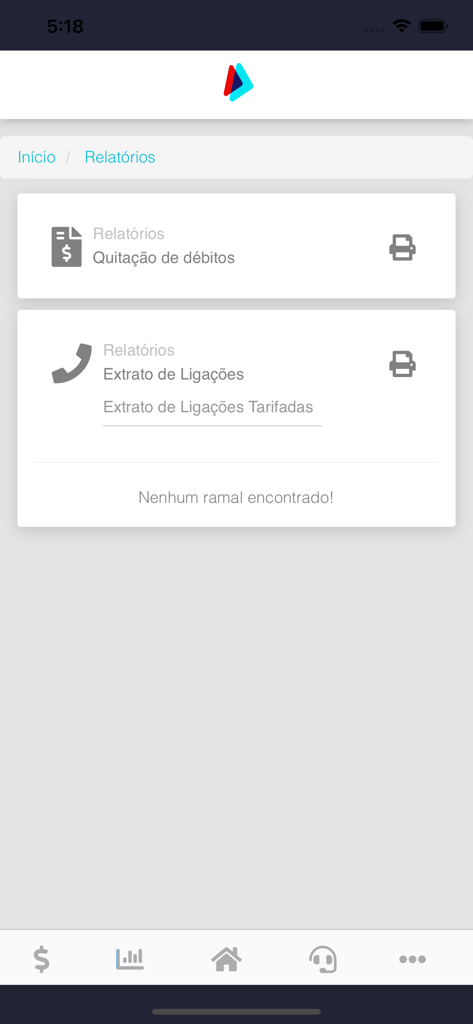 Interfaz de informes de la aplicación Provale Telecom que muestra opciones para liquidación de deudas y resúmenes de llamadas