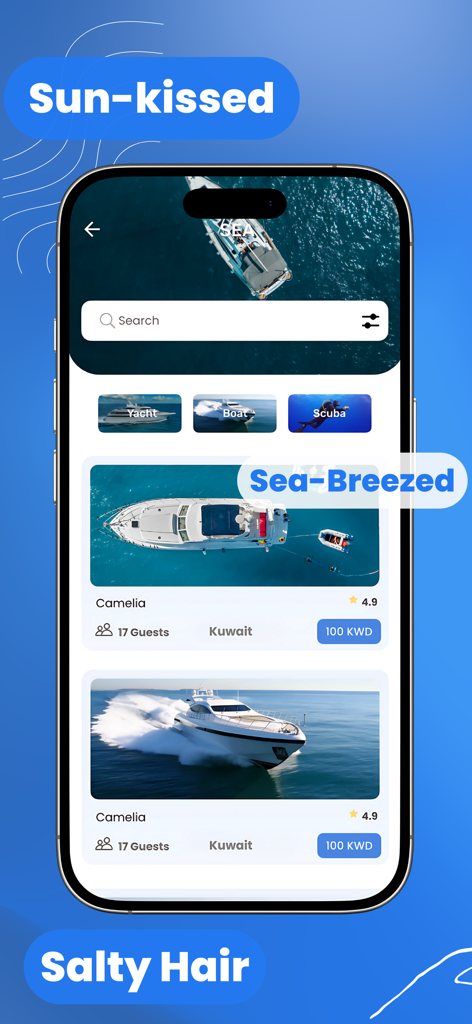 Coastals - Pantalla de la aplicación Coastals mostrando listados de alquiler de yates y barcos con capacidad de invitados y precios