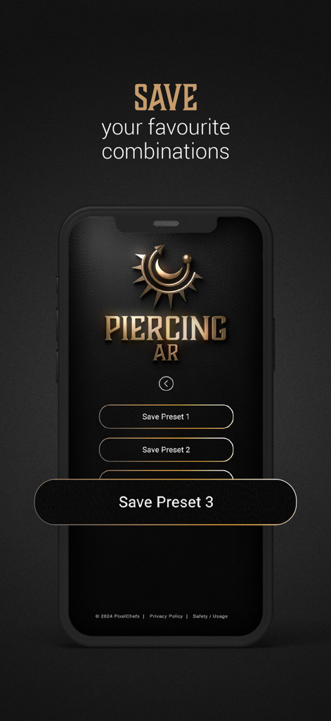 Piercing AR アプリのスマートフォン画面。お気に入りのバーチャル ピアスの組み合わせをプリセットとして保存する機能を示しています。