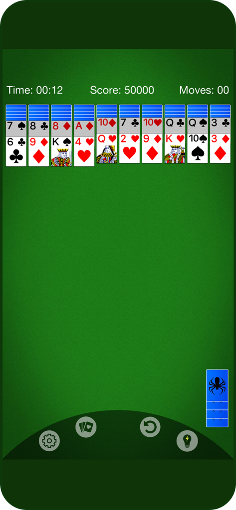 Classic Spider Solitaire mobile game interface with green background and card layout.