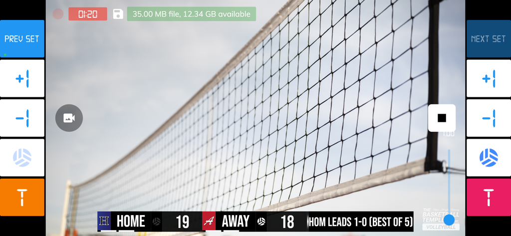 BT Volleyball Camera - BT Volleyball Camera app interface showing a live game recording with a professional scoreboard overlay