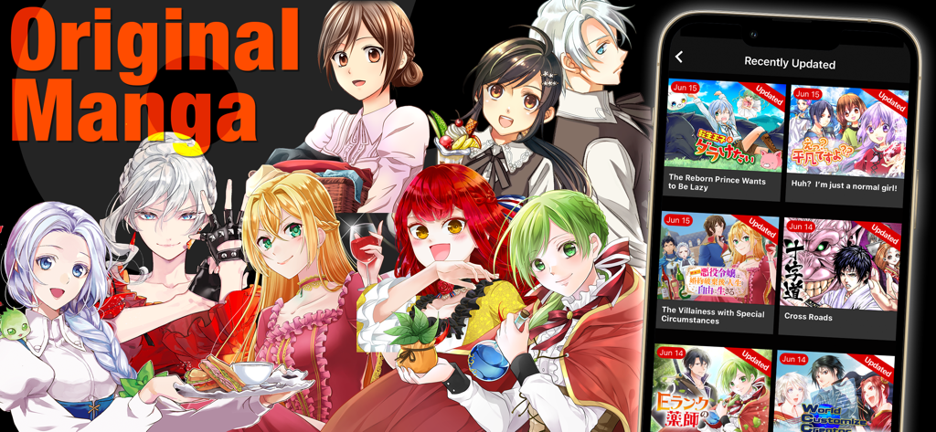 Smartphone displaying original isekai manga titles in the Alpha Manga app