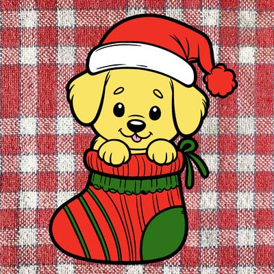 cute puppy wearing santa hat in socking