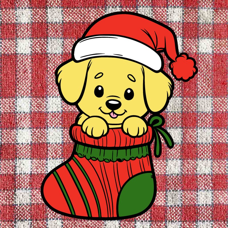 cute puppy wearing santa hat in socking