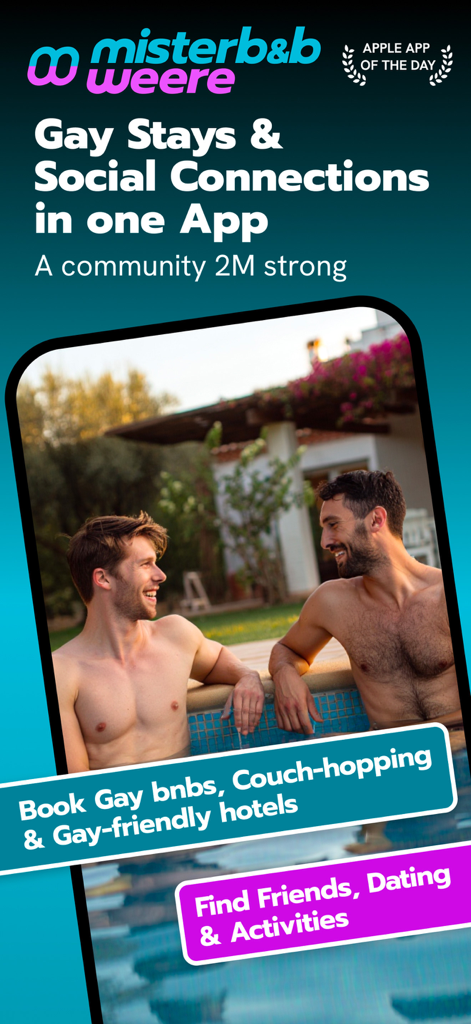 Two men smiling in a pool promoting the Misterbnb and Weere app for gay stays and social connections