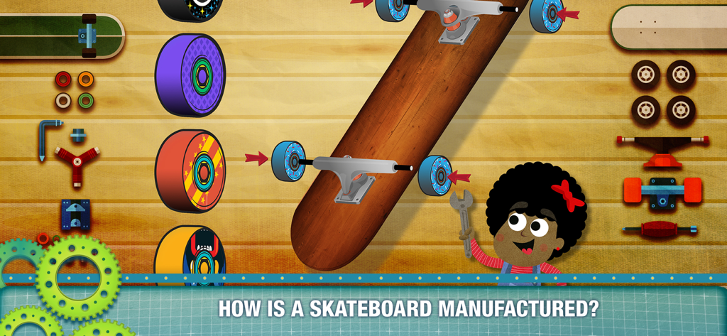 Interactive educational game screen showing children how a skateboard is manufactured
