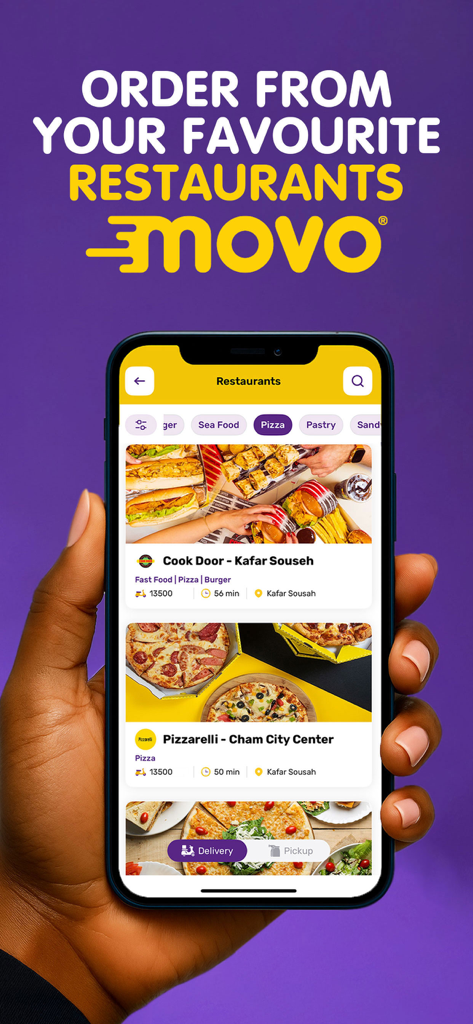 Movo - Delivery - A hand holding a smartphone showing the Movo delivery app with a list of available restaurants and food categories like pizza and pastries