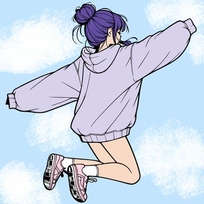 realistic girl jumping with a bun and oversized sweatshirt