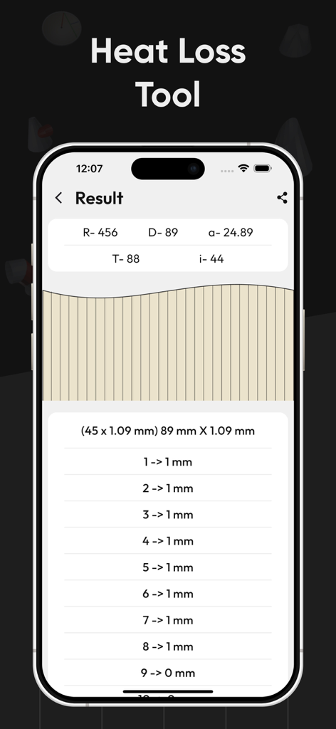 Thermal Insulation Calculator - App calcolatore di isolamento termico che visualizza i risultati del calcolo della perdita di calore su uno schermo di iPhone