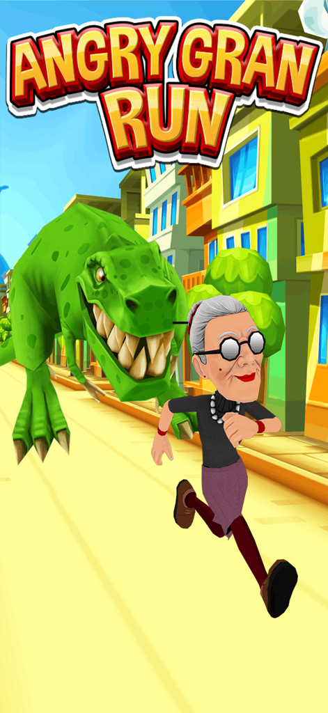 Angry Gran Run - Running Game - Angry Gran running away from a large green dinosaur on a city street
