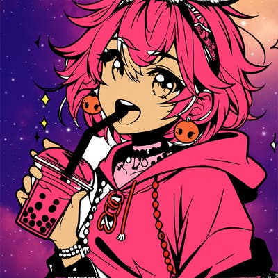 hot baddie anime girl drinking boba and biting the straw