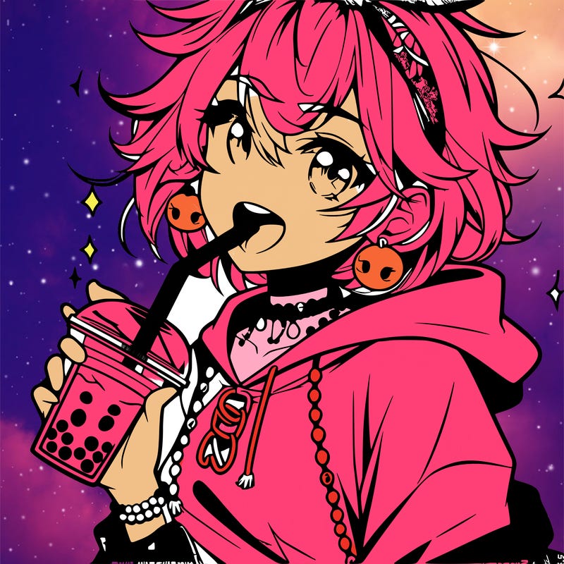 hot baddie anime girl drinking boba and biting the straw