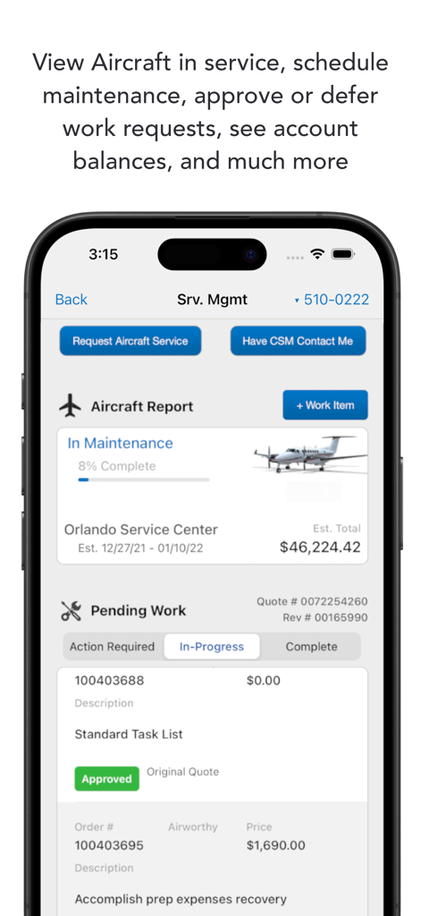 Pantalla de la aplicación Textron Aviation Service que muestra un informe de mantenimiento de la aeronave y tareas de gestión de servicios