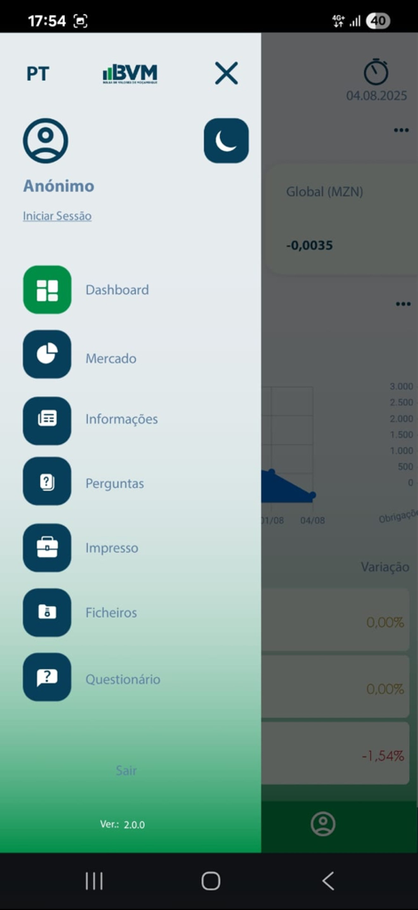 BVM Móvel - Menú de navegación lateral de la aplicación BVM Móvel que presenta secciones como Panel y Mercado