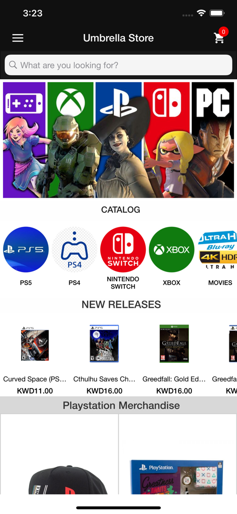 Umbrella Store - Interface do aplicativo Umbrella Store mostrando categorias de consoles e lançamentos de videogames
