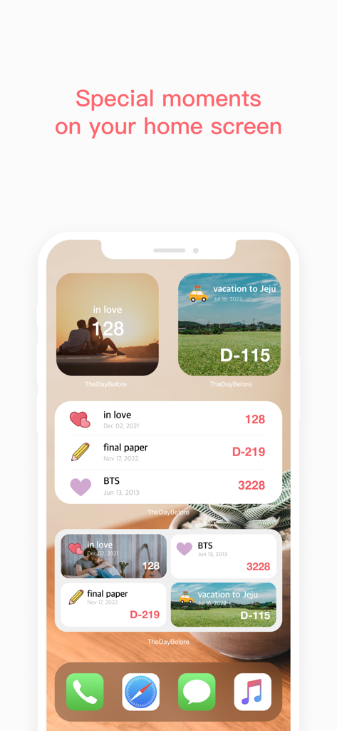 Aesthetic iPhone home screen showing various customizable countdown widgets for anniversaries and special events