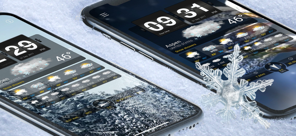 Aplicación de pronóstico del tiempo en iPhone mostrando un tema de invierno con reloj flip animado y fondo de nieve