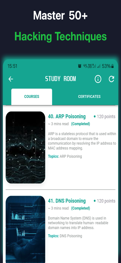 Ethical Hacking University App - The Study Room screen of the Ethical Hacking University app displaying a list of hacking courses like ARP and DNS Poisoning.
