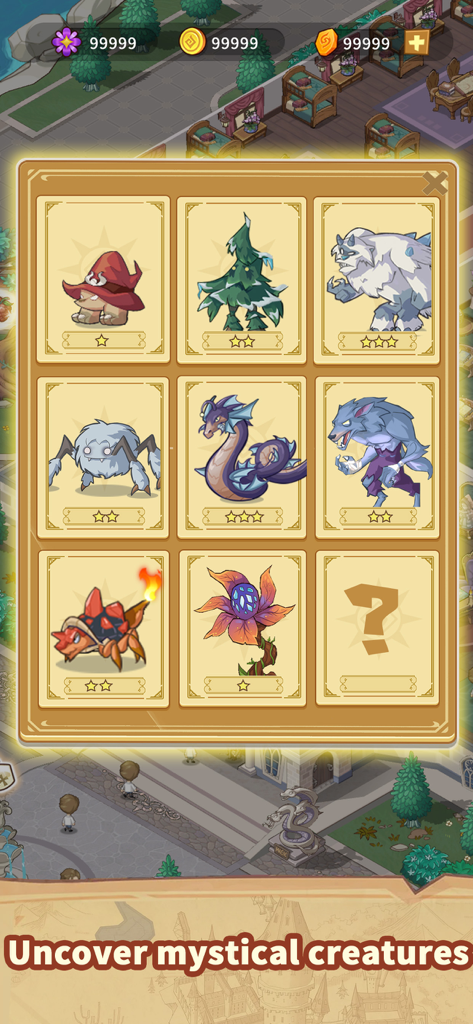 Idle Magic Academy - Uma grade de coleção de criaturas místicas, incluindo um lobisomem e um yeti, no jogo para celular Idle Magic Academy.