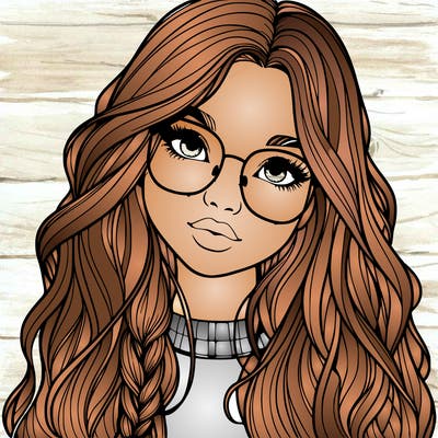 girl with long hair and freckles and glasses realistic
