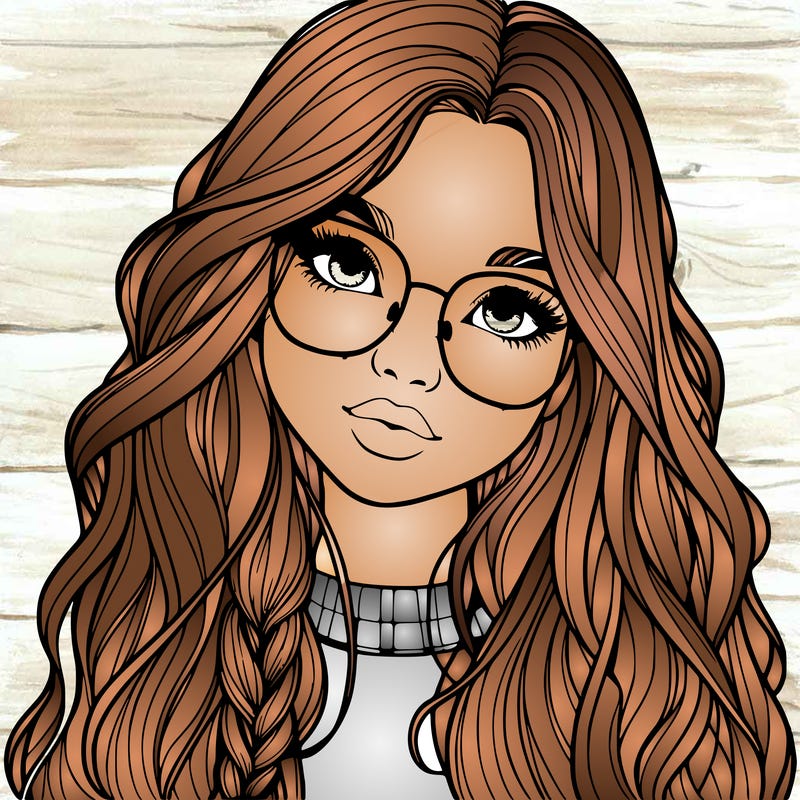 girl with long hair and freckles and glasses realistic