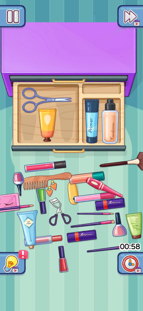 Perfect Satisfy: Organize Game - Una interfaz de juego de puzzles donde el jugador organiza maquillaje y herramientas de belleza en un cajón de madera.