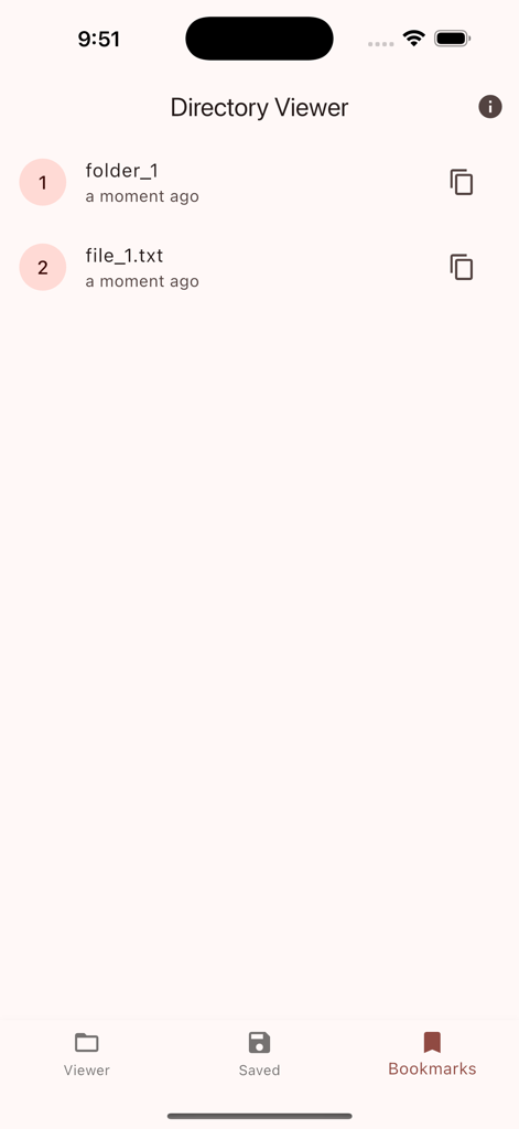 Directory Viewer - Directory Viewer mobile app interface showing a list of bookmarked files and folders