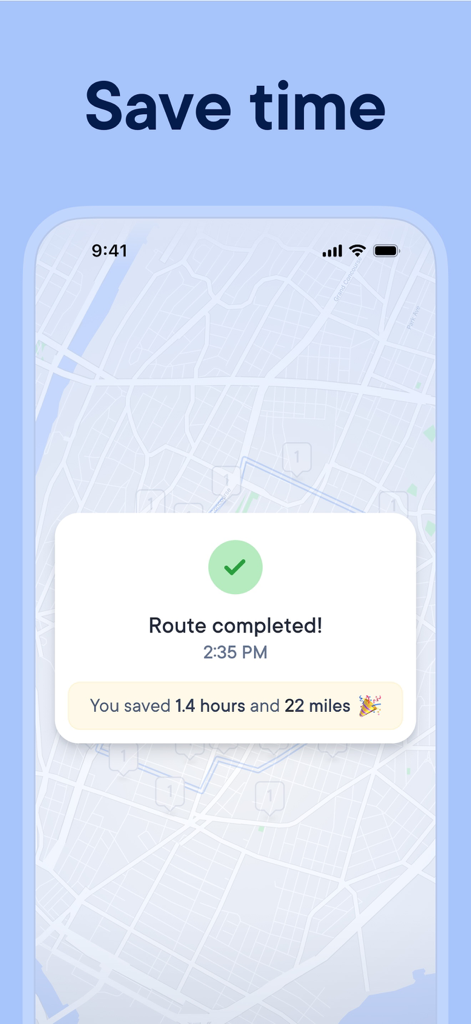Spoke (Circuit) Route Planner - Notificación de la aplicación Spoke que muestra una ruta completada con 1.4 horas y 22 millas ahorradas