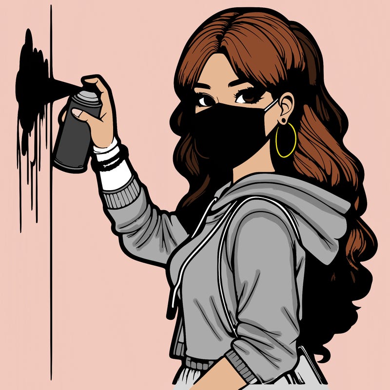 realistic girl with mask spray painting a wall