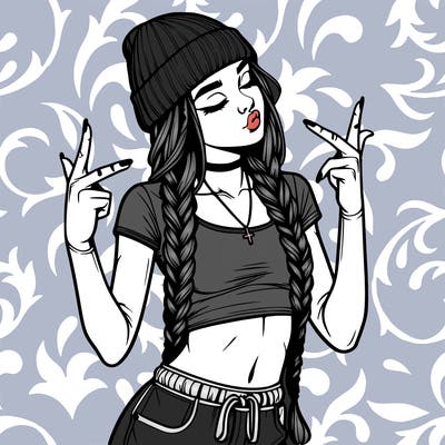 realistic teenage girl with braids and a beanie and crop top doing 🫶🏼