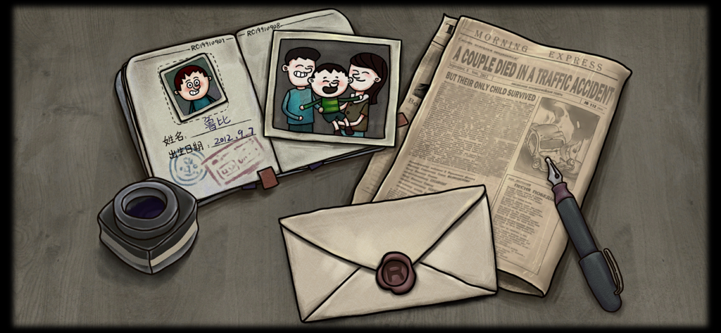 One Way: The Elevator - A hand drawn scene showing a passport, family photo, and a newspaper clipping about a tragic car accident.