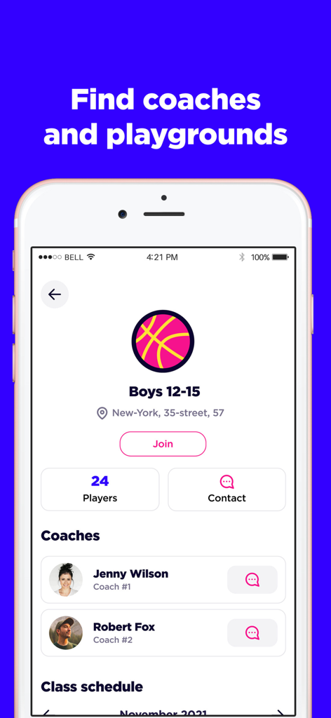 Level Up - Basketball Training - Écran de l'application Level Up montrant une fonction de recherche d'entraîneurs de basketball et de terrains pour un groupe de jeunes.