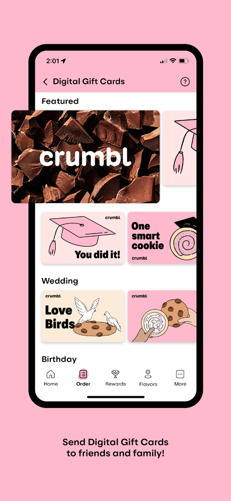 A mobile interface for the Crumbl app showing a variety of digital gift card designs for birthdays weddings and graduations