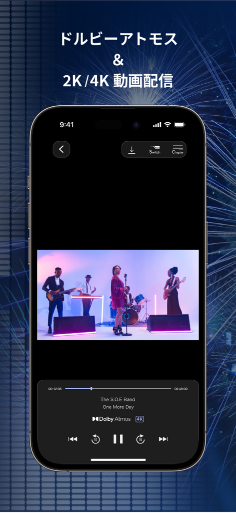 NeSTREAM LIVE - Interface do aplicativo NeSTREAM LIVE exibindo um vídeo de concerto ao vivo em 4K com suporte de áudio Dolby Atmos.