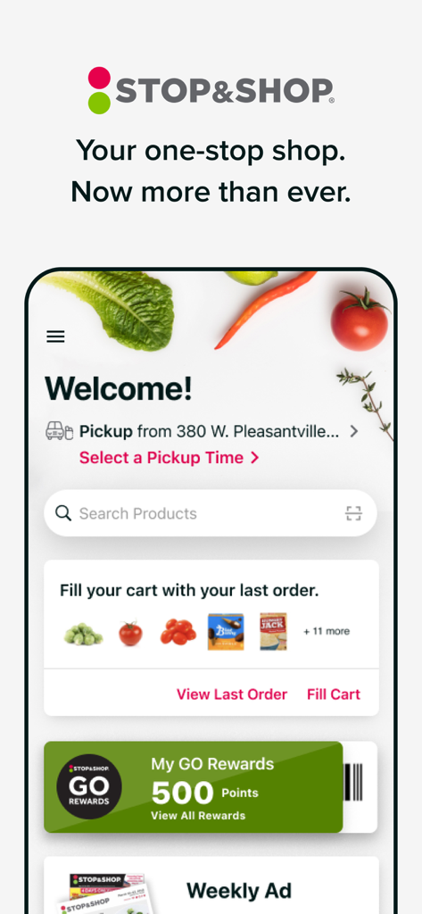 Stop & Shop - The main dashboard of the Stop and Shop grocery app showing rewards points and search bar