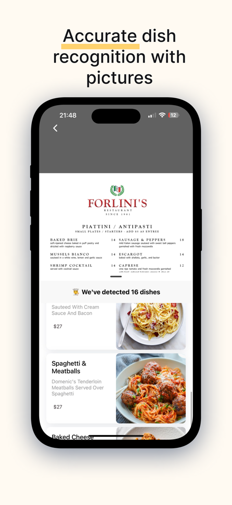 SeeFood: AI Menu Reader - SeeFood app screenshot showing AI menu recognition with visual dish previews for Spaghetti and Meatballs