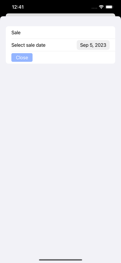 PreO - The Preorder Manager - Uma tela no aplicativo PreO mostrando um seletor de data de venda com a data 5 de setembro de 2023