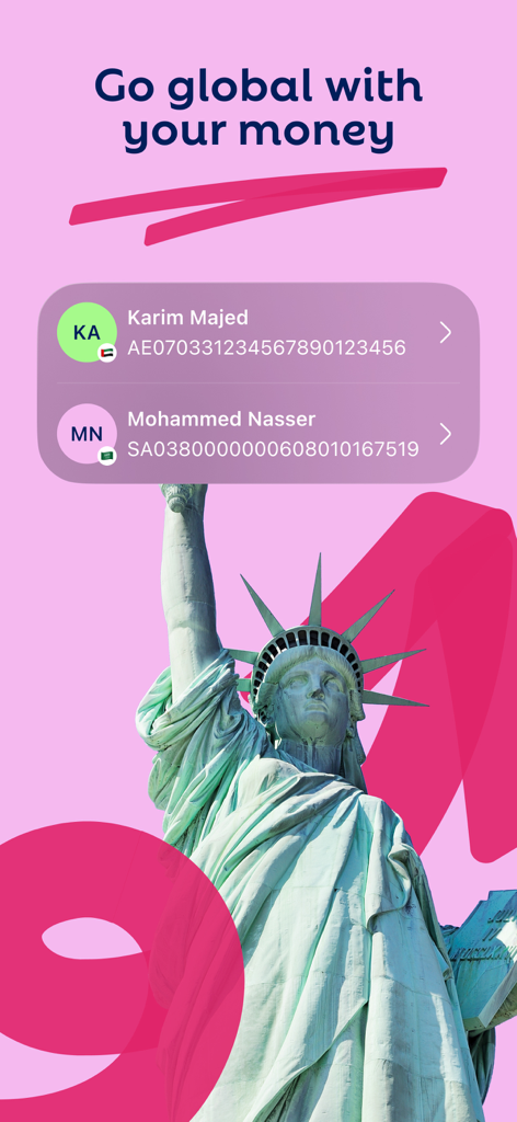 iz - Banking Experience - Screenshot of the iz banking app featuring a global money transfer message with a Statue of Liberty background and international contact list