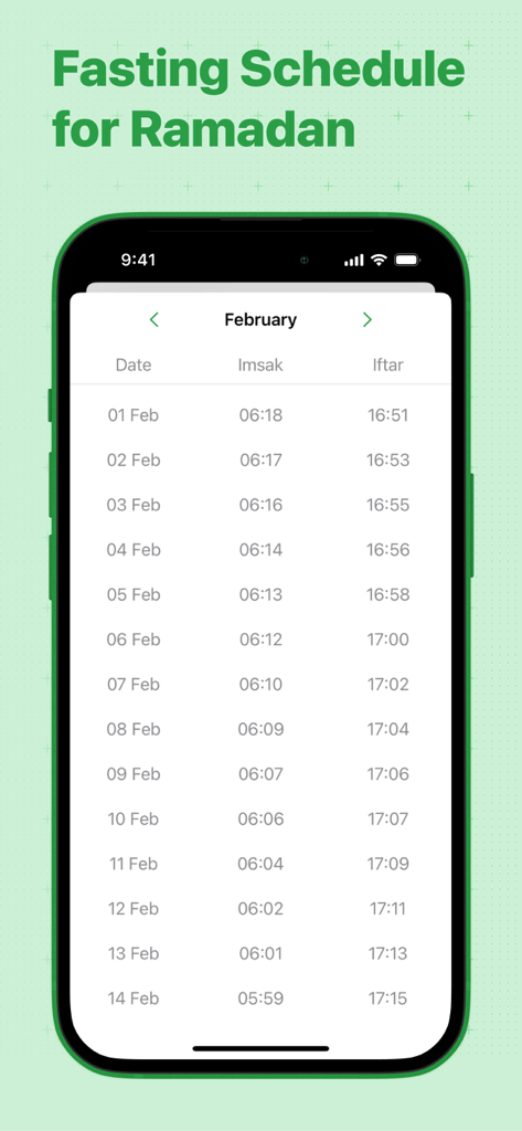Ramadan 2026 app screenshot showing the fasting schedule with Imsak and Iftar times for February