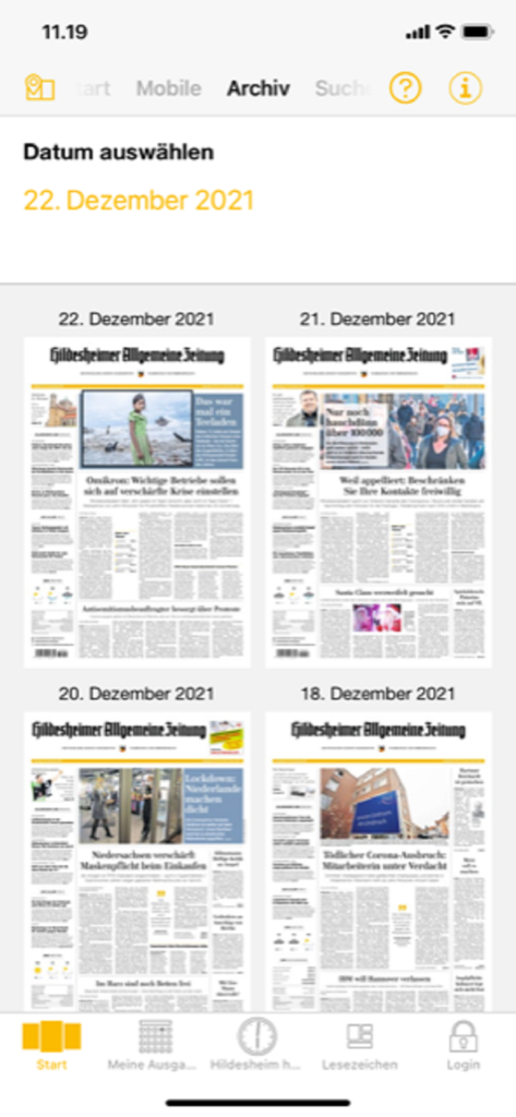 HAZ Digital - Archivansicht der HAZ Digital App mit historischen Ausgaben der Hildesheimer Allgemeine Zeitung.