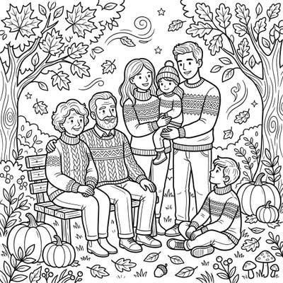 Immerse yourself in the heartwarming embrace of family and the enchanting beauty of the autumn season with this delightful coloring page. It features a multigenerational family enjoying a crisp fall day, offering a perfect blend of relaxation and creative expression.