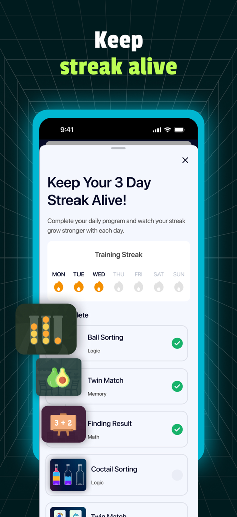 IQ Booster: Brain Games & Test - IQ Booster app screen showing a three day training streak and a list of completed brain games like logic and memory exercises