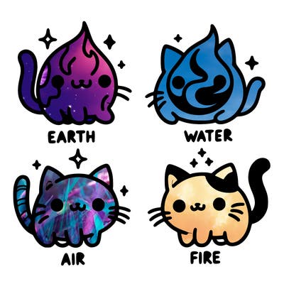 4 cats that represent the different elements, earth, water, air, and fire