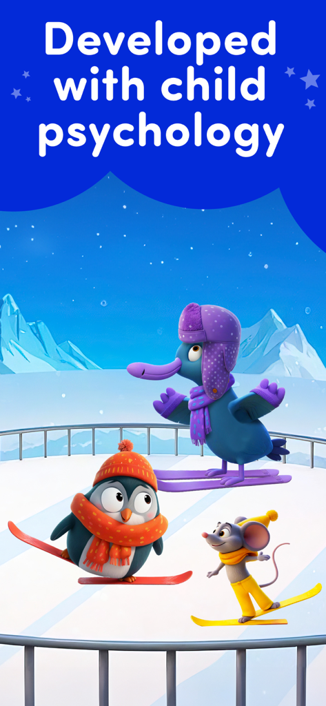 Rescue: Toddler games for kids - Cartoon penguin, mouse and bird skiing in a winter scene with text stating developed with child psychology