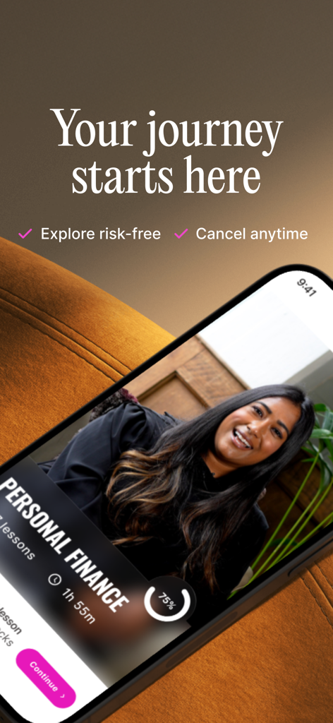 Smartphone showing a personal finance lesson on the Female Invest app with text your journey starts here.