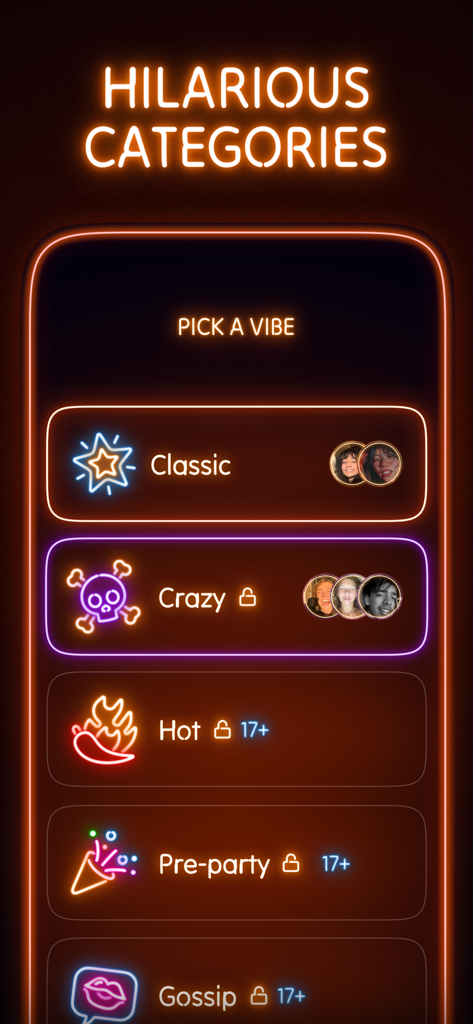 Schermata di selezione per diverse modalità di gioco e categorie nell'app Spinner Party.