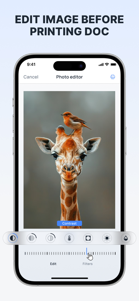 Smartphone screen showing the photo editor feature in the Printer App Print Smart